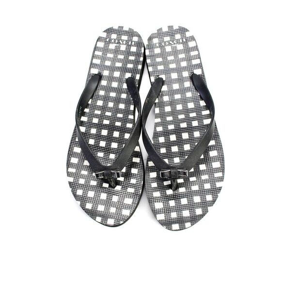 Coach Women's Gingham Print Silver Tone Bow Flip Flops Black Size 9 - Picture 2 of 5